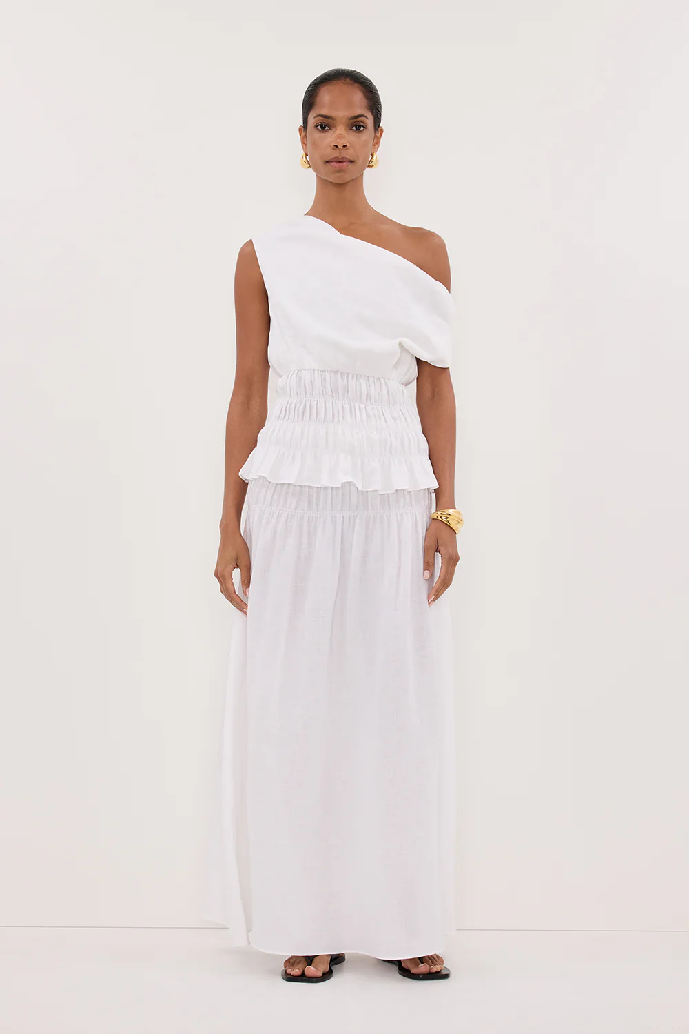 MAIA WHITE SLEEVELESS LINEN SHIRRED TOP - Yukikoi