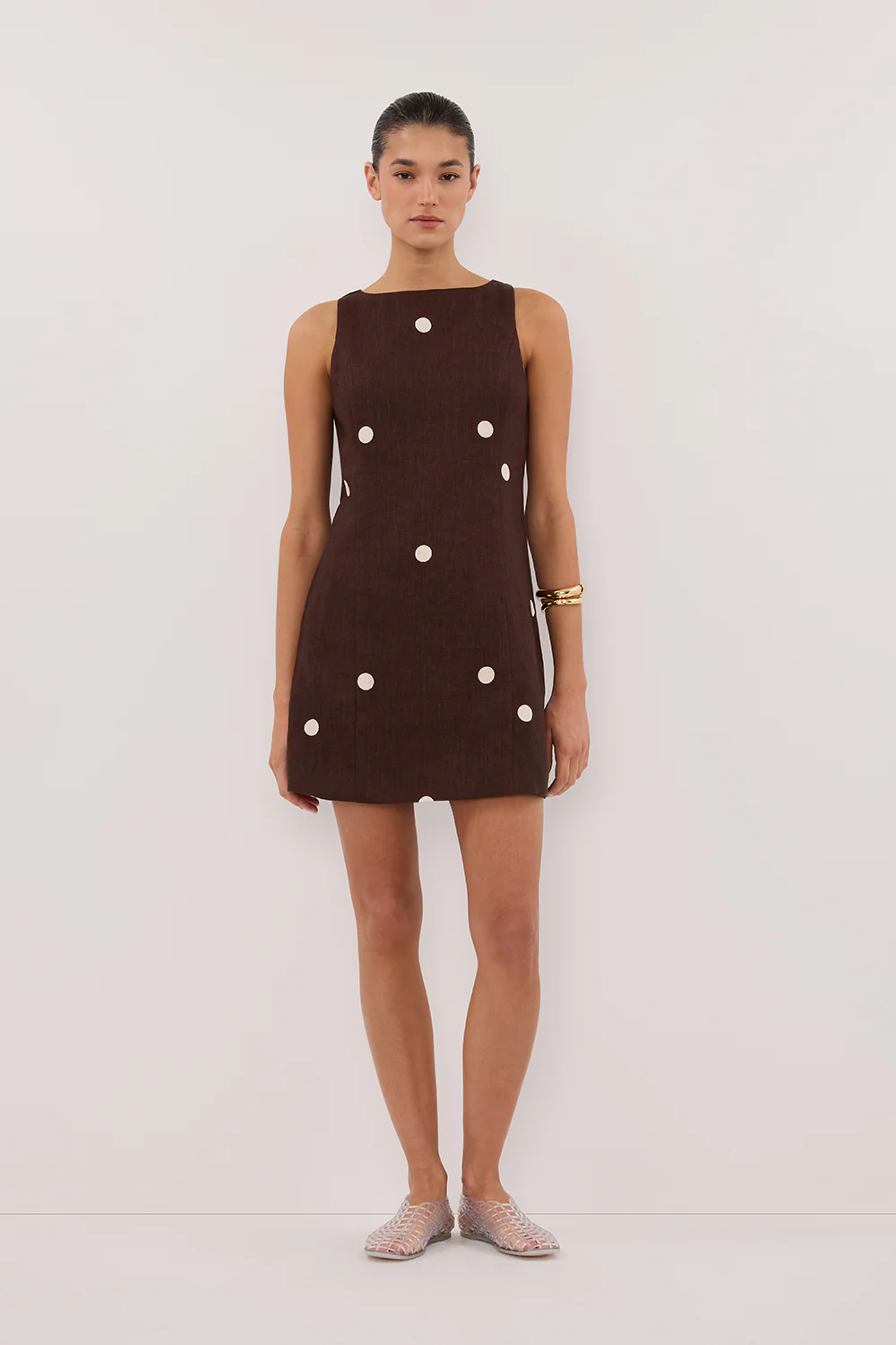 BEVERLY BITTER CHOC SPOT LINEN MINI DRESS - Yukikoi