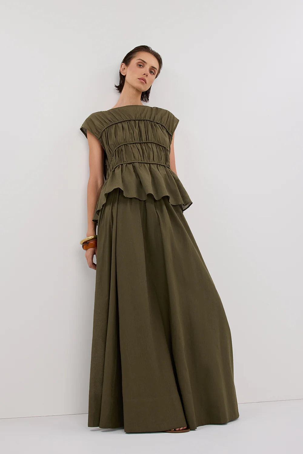 FLYNN OLIVE LINEN BLEND TIE MAXI SKIRT - Yukikoi