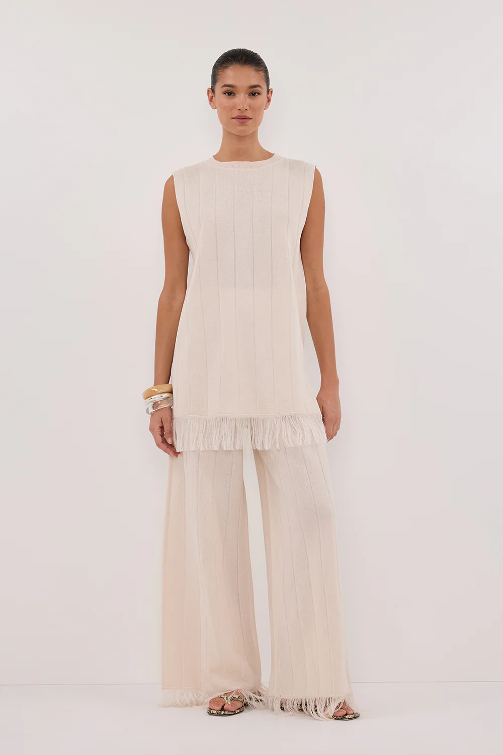 ARIA CREAM FRINGED KNIT PANT - Yukikoi