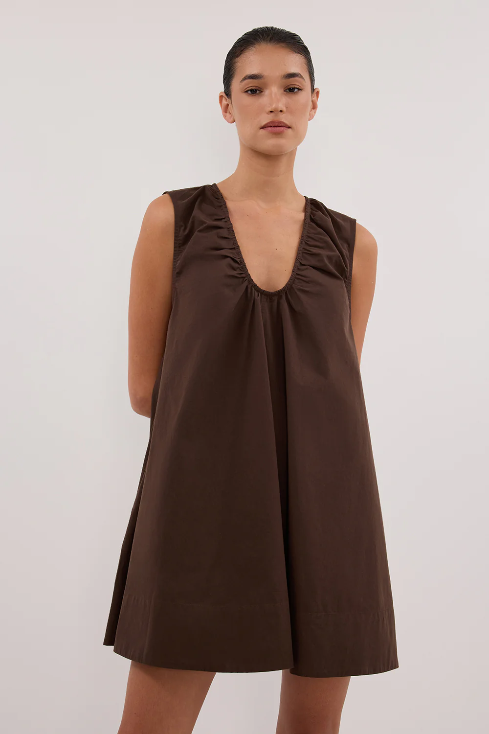 GABBY BITTER CHOC OVERSIZED COTTON MINI DRESS - Yukikoi