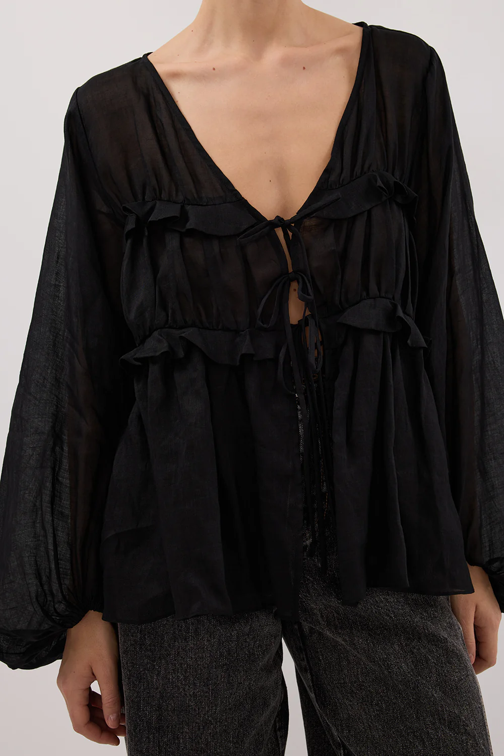 MILA BLACK RAMIE LONG SLEEVE FRILL TOP - Yukikoi