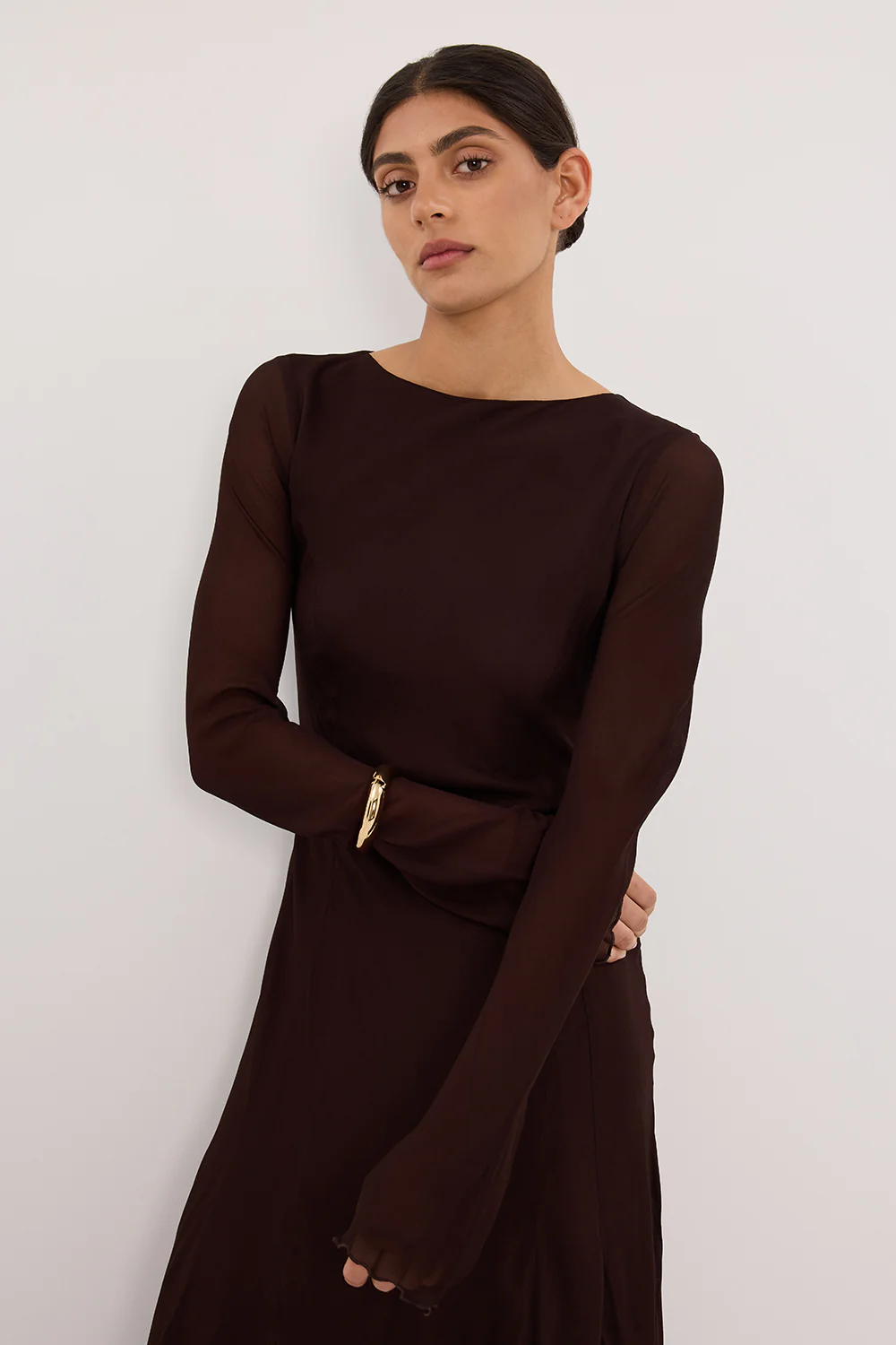 ELODIE DARK CHOC LONG SLEEVE MAXI DRESS - Yukikoi