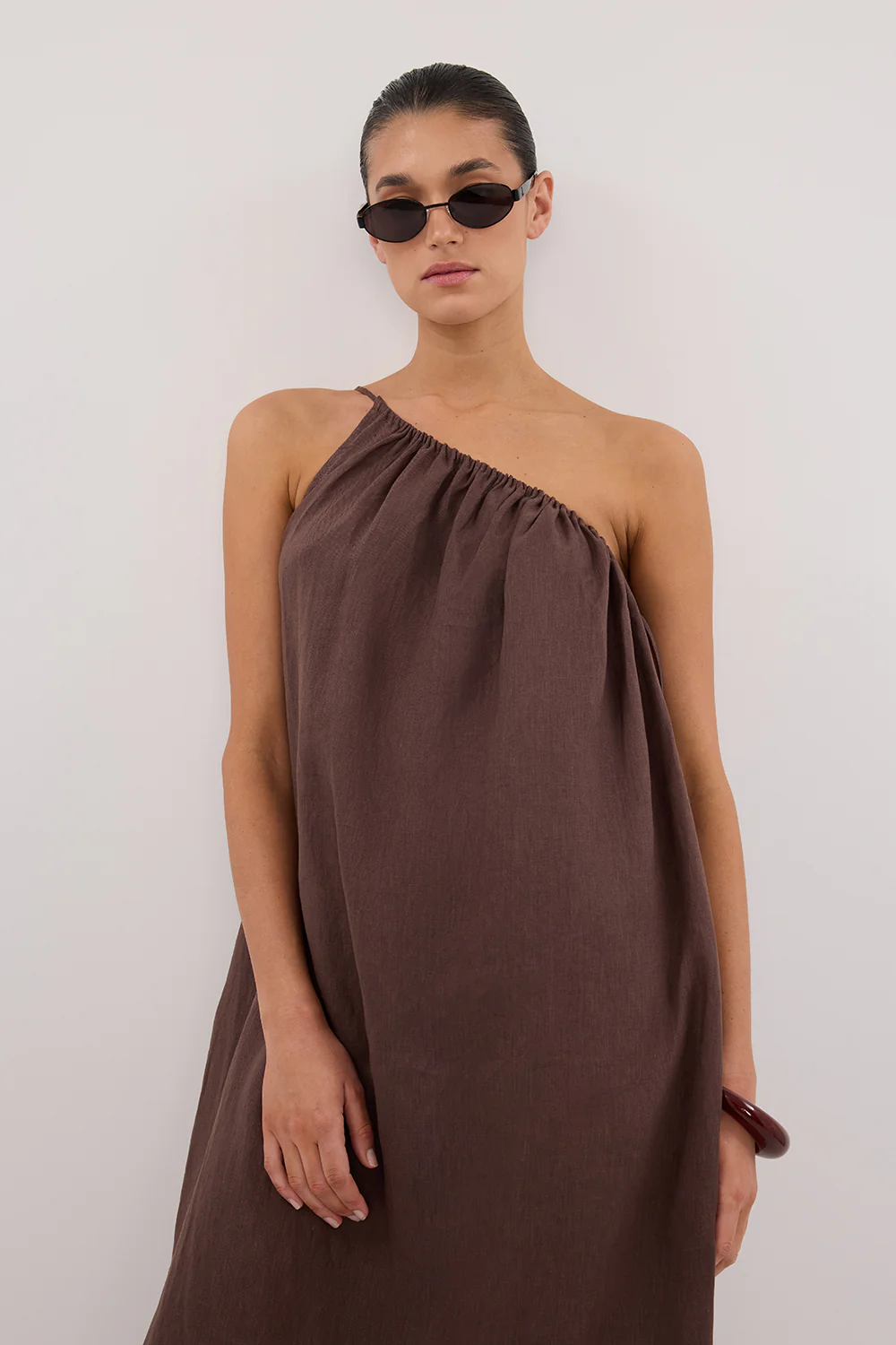 ALMA BITTER CHOC ASYM LINEN MIDI DRESS - Yukikoi