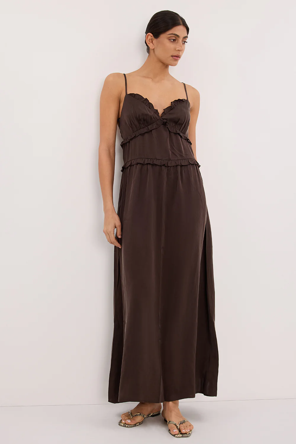 LENA BITTER CHOC SILK SLEEVELESS MAXI DRESS - Yukikoi