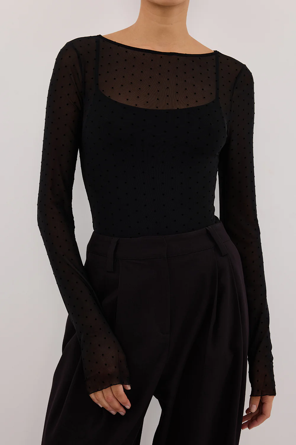 MAE BLACK MESH SPOT LONG SLEEVE TOP - Yukikoi