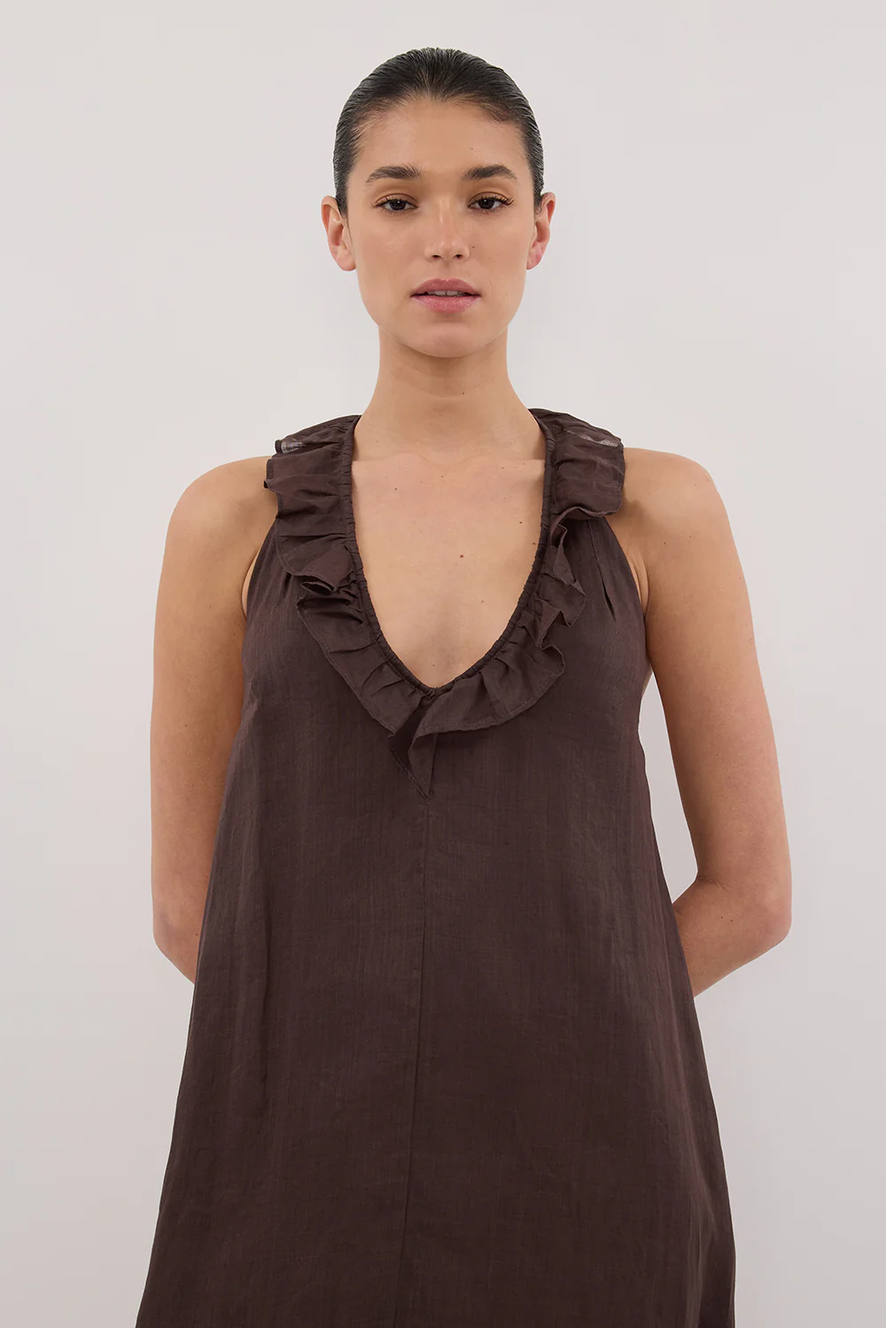 HAZEL DARK CHOC RAMIE SLEEVELESS MIDI DRESS - Yukikoi