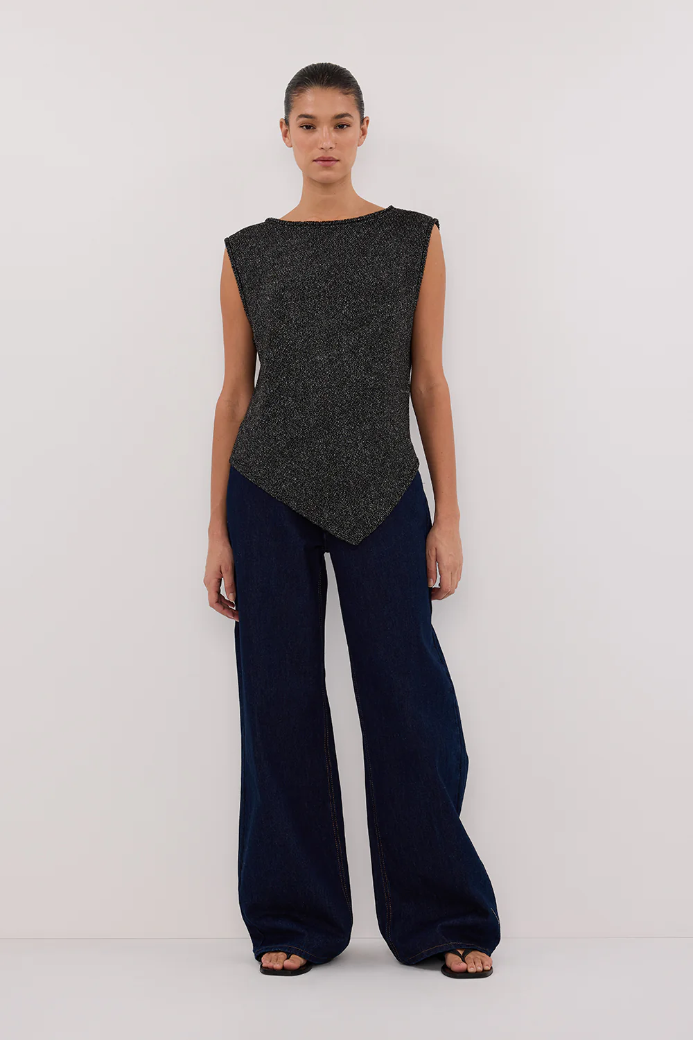 ALTHEA BLACK MARLE ASYM KNIT TOP - Yukikoi