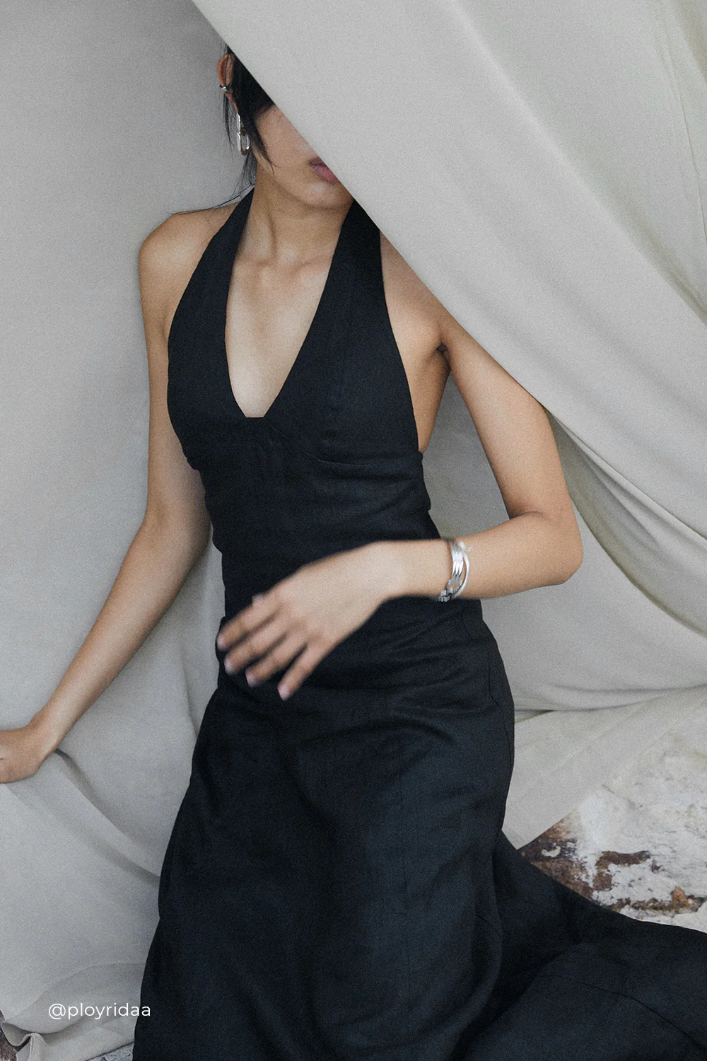 AUDREY BLACK HALTER LINEN MIDI DRESS - Yukikoi