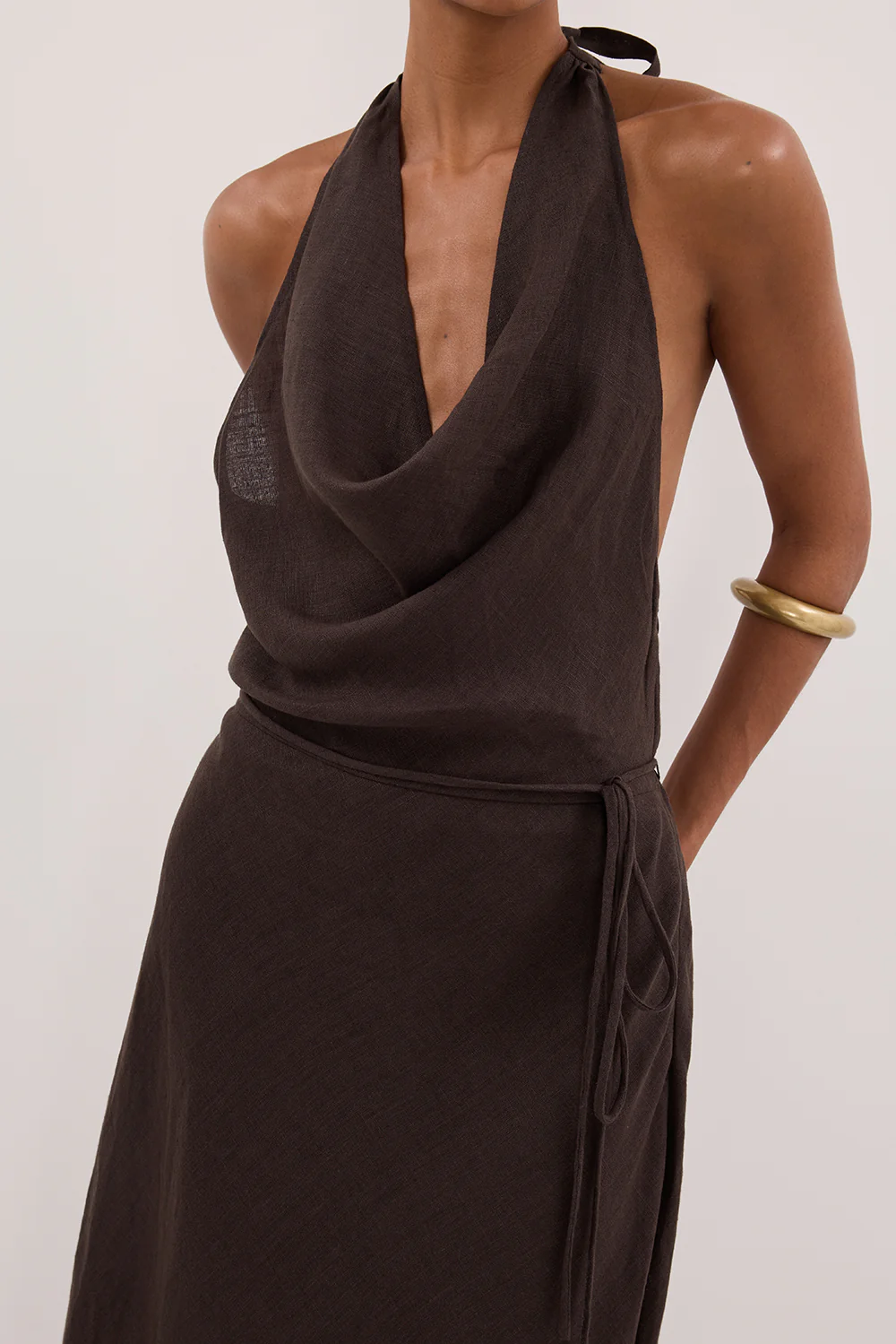 HAYLEE BURNT CHOC SLEEVELESS LINEN COWL DRESS - PRE ORDER - Yukikoi