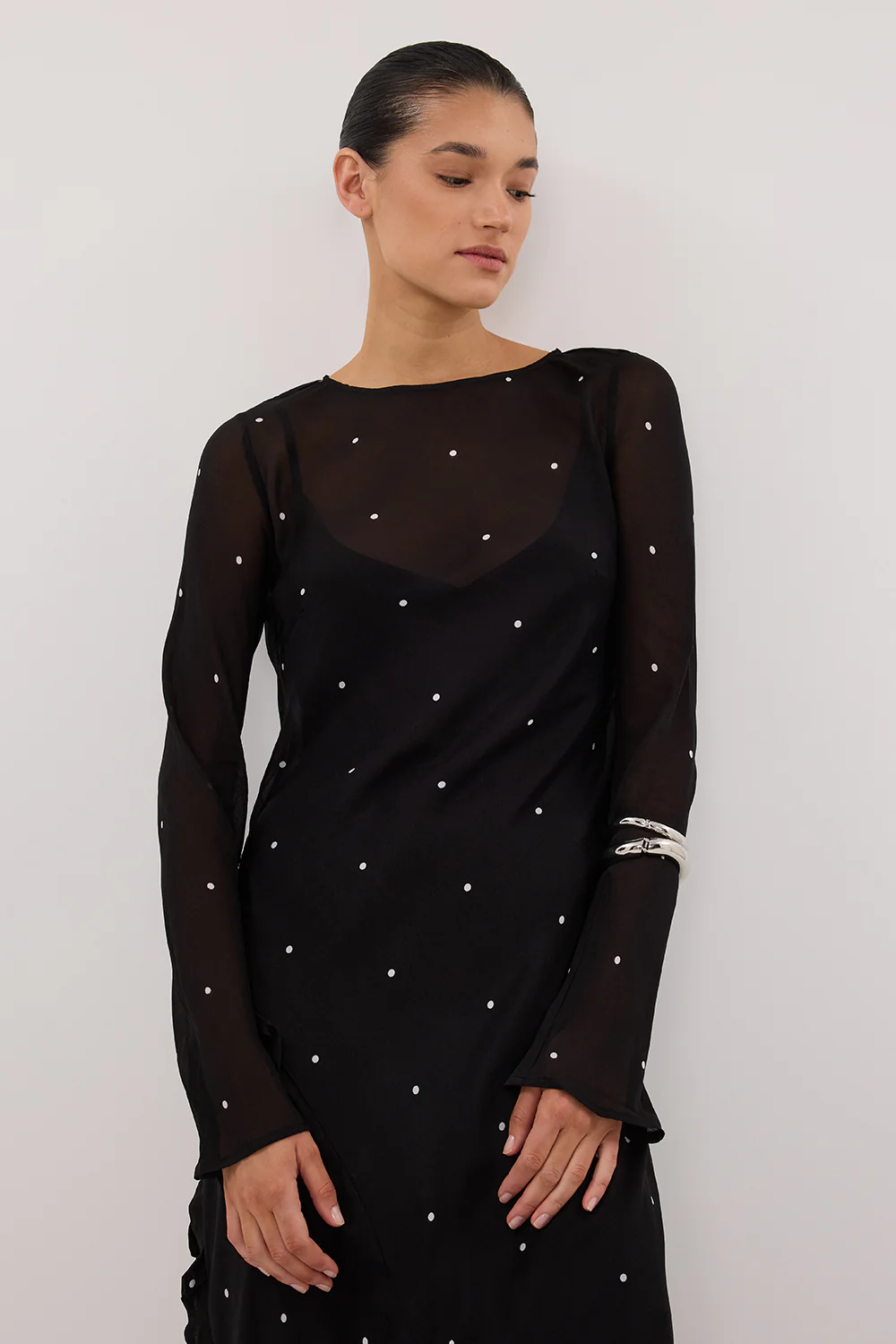 MELROSE BLACK SPOT LONG SLEEVE MAXI DRESS - Yukikoi
