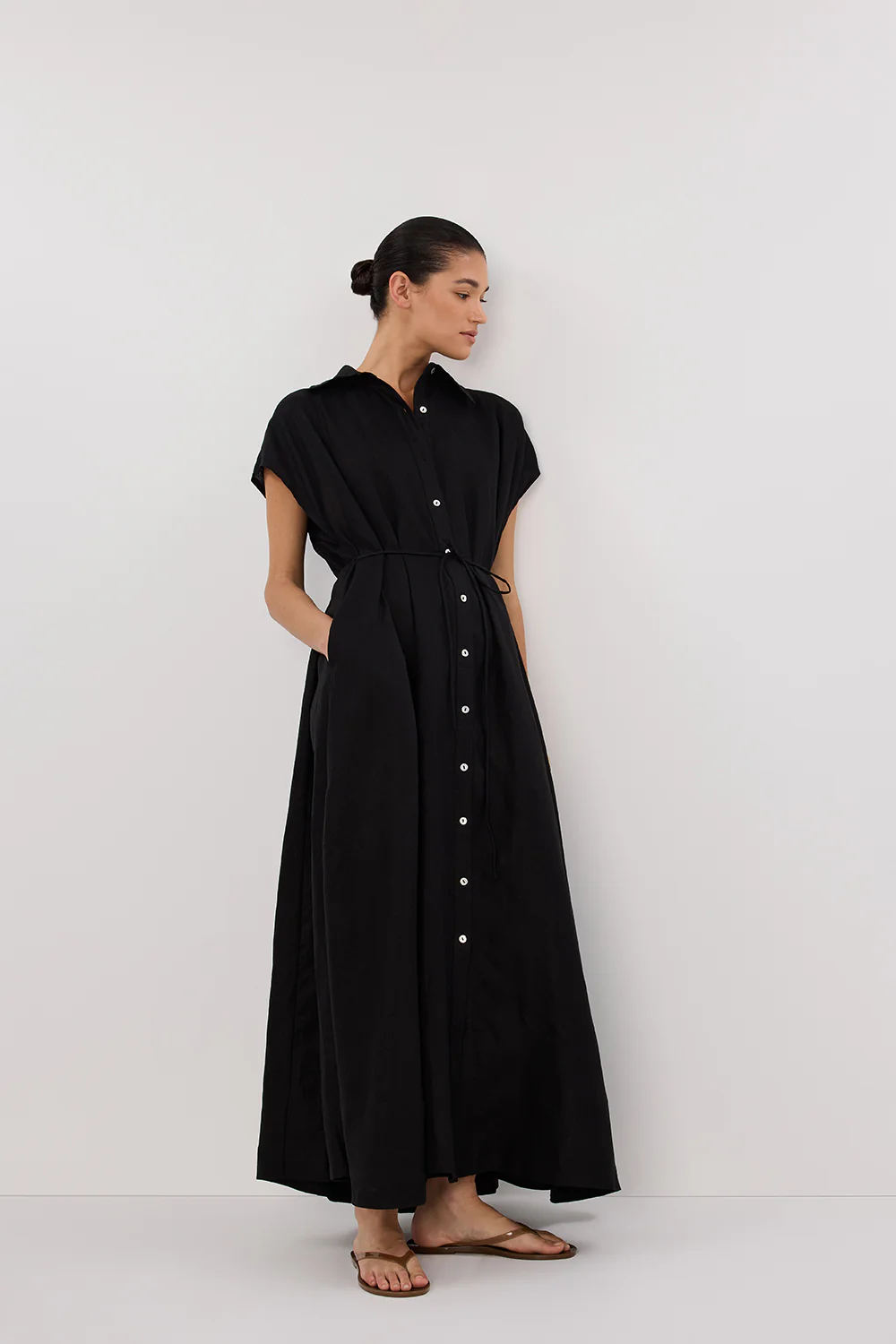 LANA BLACK LINEN MIDI SHIRT DRESS - Yukikoi