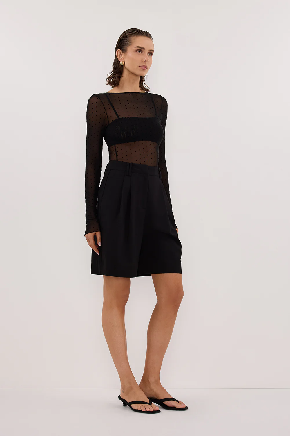 MAE BLACK MESH SPOT LONG SLEEVE TOP - Yukikoi