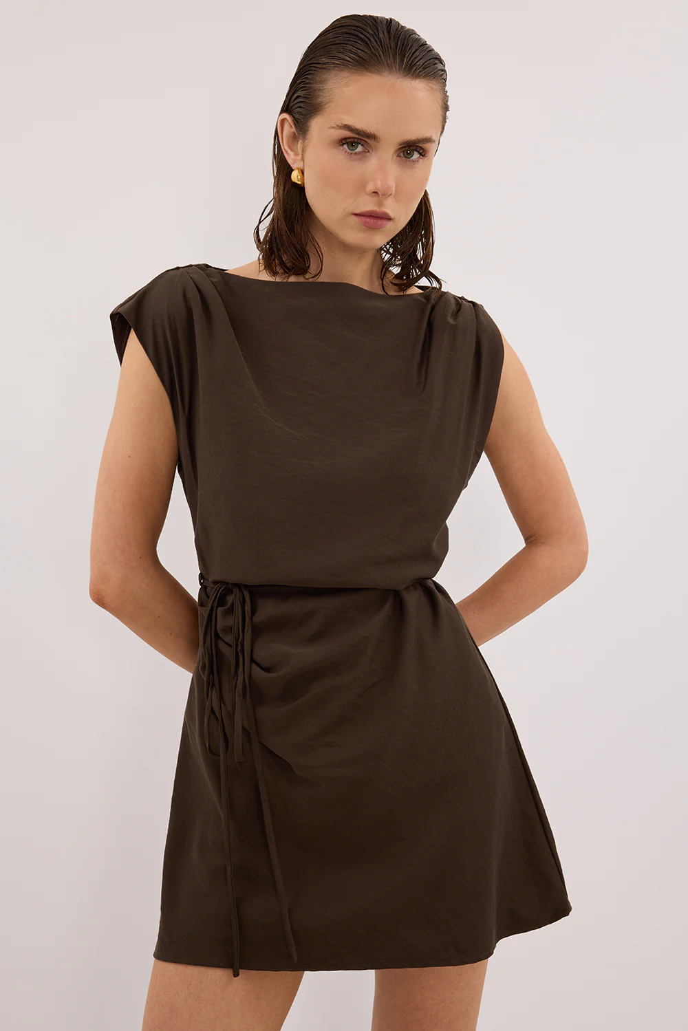MARMO CHOCOLATE DRAPED MINI DRESS - Yukikoi