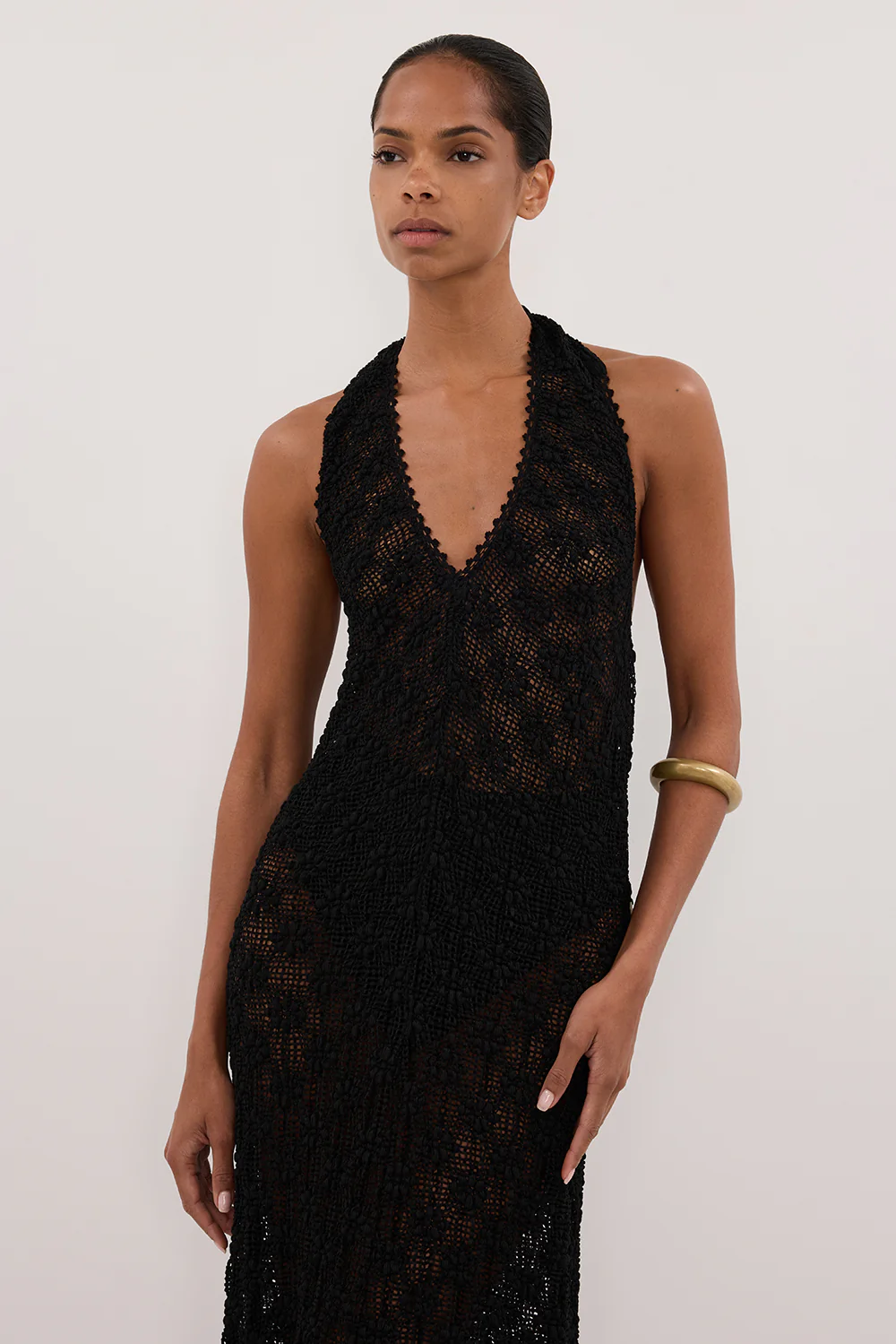 AGNES BLACK CROCHET HALTER MIDI DRESS - Yukikoi