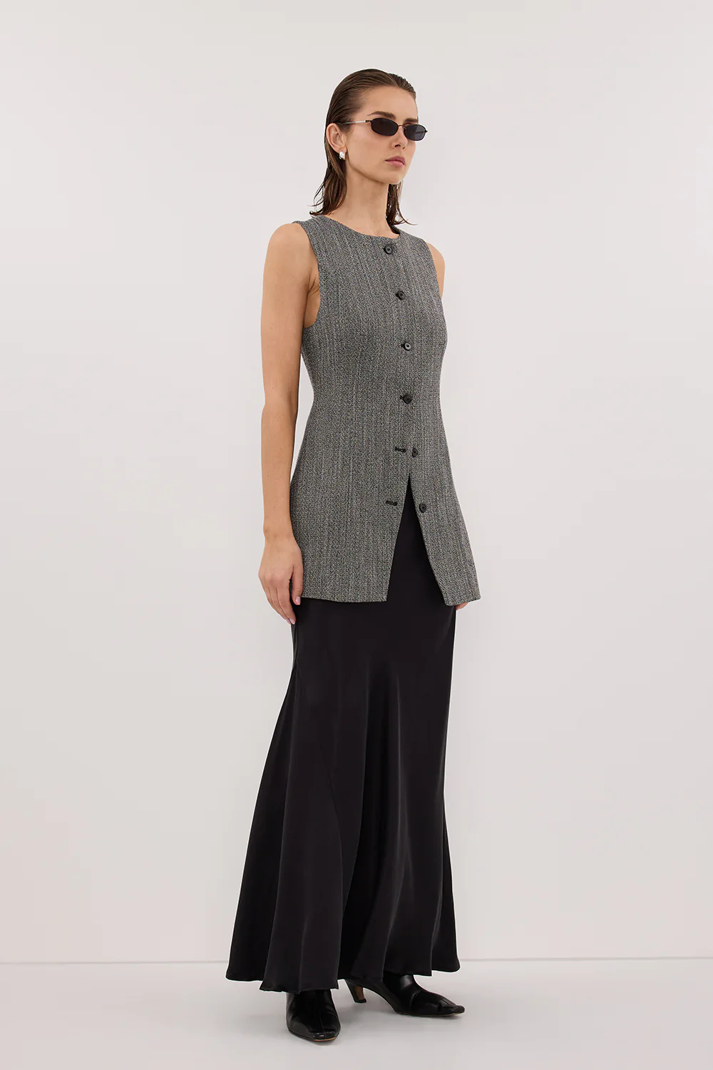 MANHATTAN CHARCOAL TWEED TUNIC VEST - Yukikoi