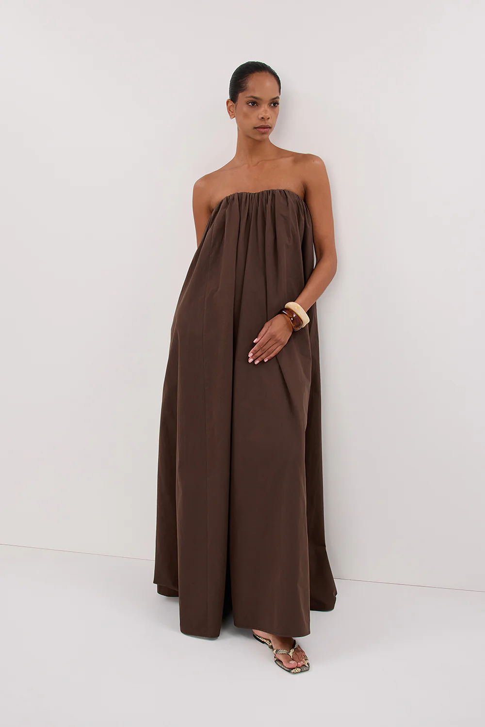 ROISIN BITTER CHOC COTTON STRAPLESS MAXI DRESS - Yukikoi