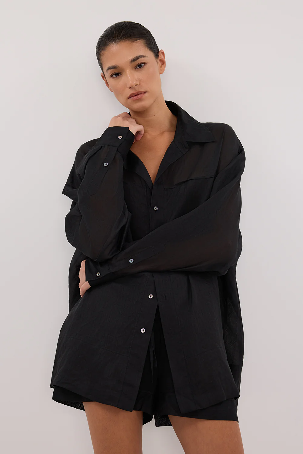 KAI BLACK OVERSIZED RAMIE LONG SLEEVE SHIRT - Yukikoi