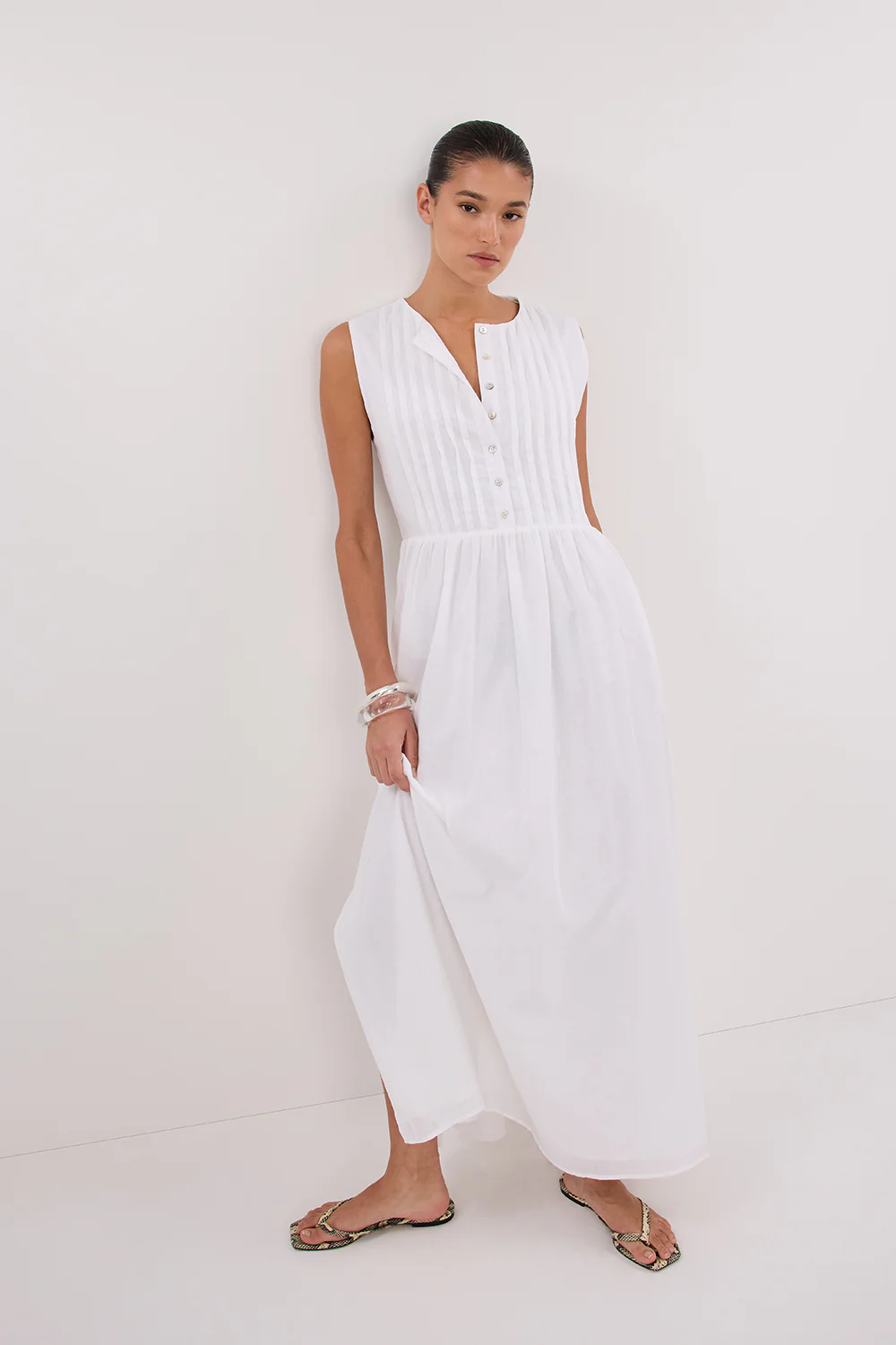 LARS WHITE PINTUCK LINEN MIDI DRESS - Yukikoi